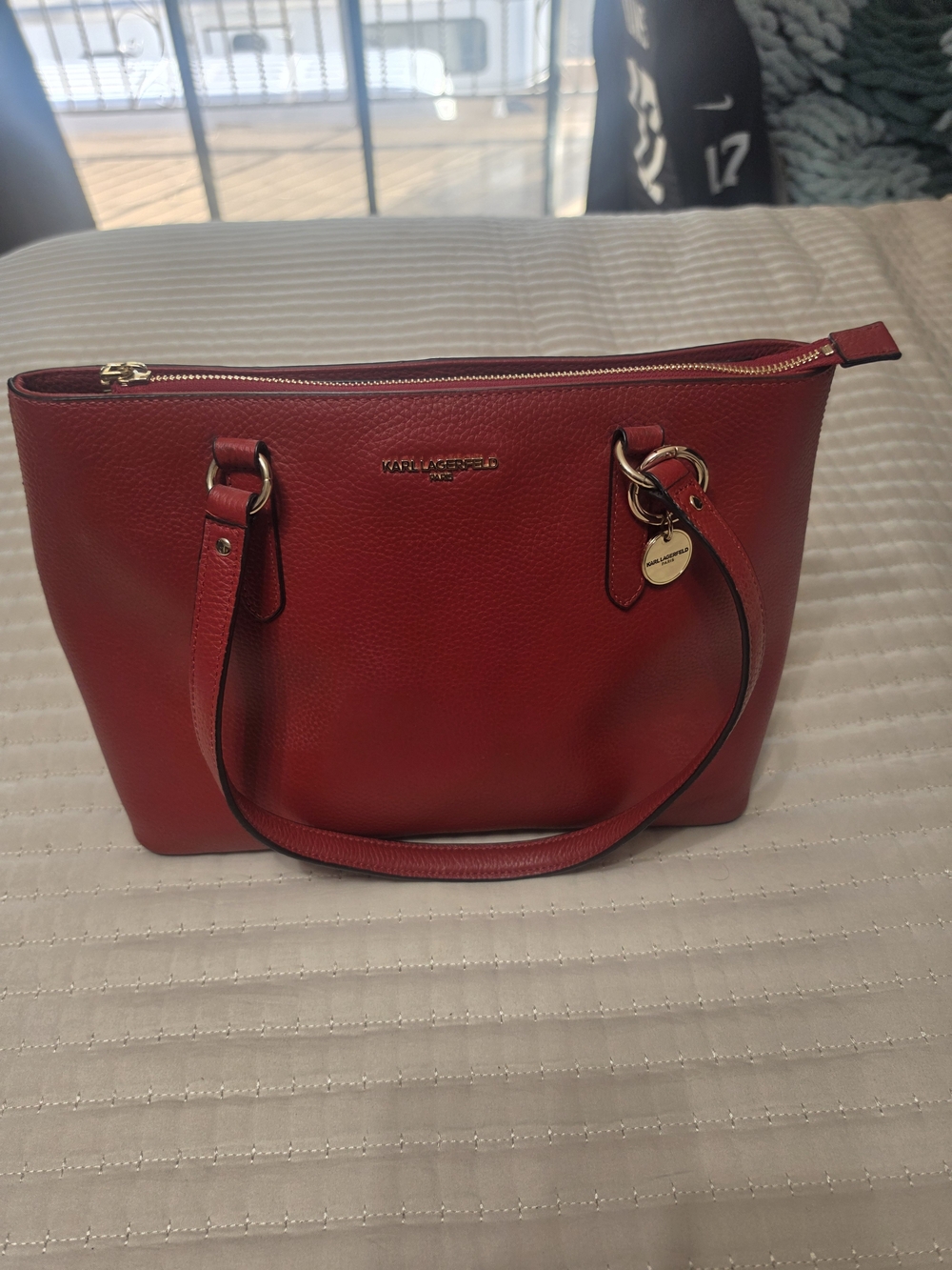 Karl Lagerfeld Red Pebbled Leather Tote with Gold Accents